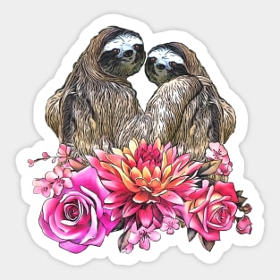 Sloths in love, lovers couple cute, romantic pink flowers Sticker